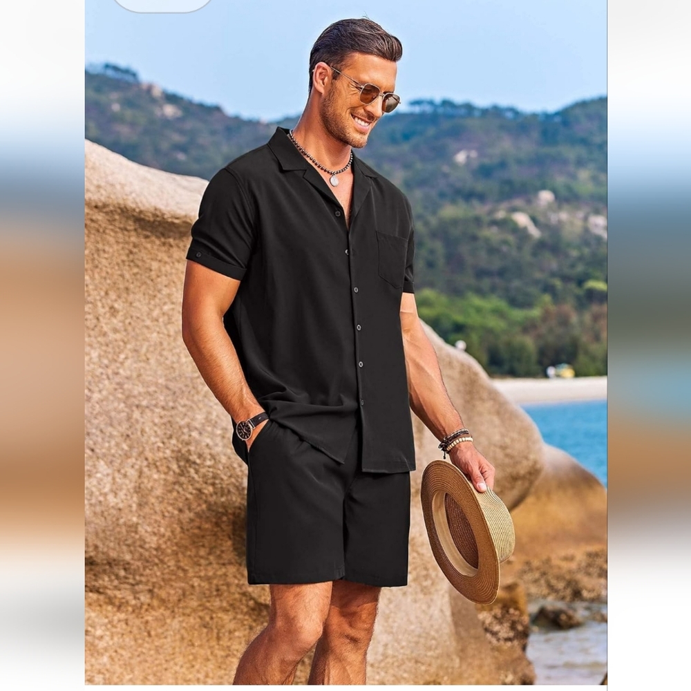 NEW MENS 2 PIECE BLACK BEACH CASUAL BUTTON DOWN SHIRT & SHORT SUIT SIZE LARGE - Picture 3 of 11